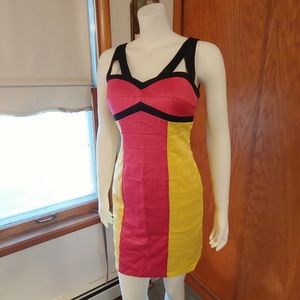 Pink, Yellow & Black Bodycon Dress - Prom